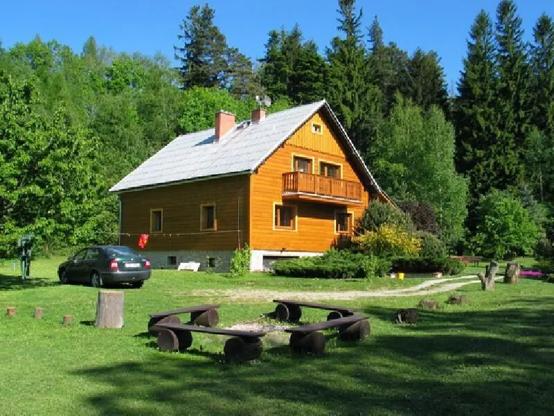 Penzion Alpina, dřevěná chata s balkonem obklopená zelení a lesy